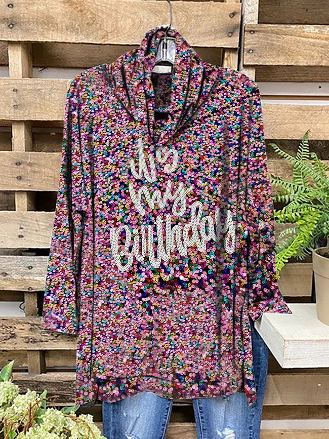 It's My Birthday Glitter Print  Turtleneck Tunic Tops