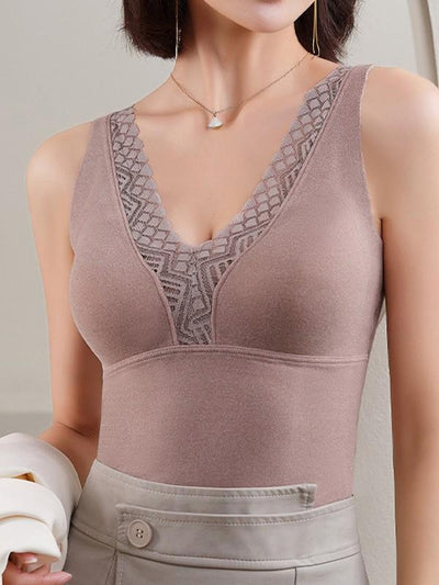 Women's One-piece Self-Heating Cashmere Silk Lace Warm Bottoming Vest Top With Chest Pad