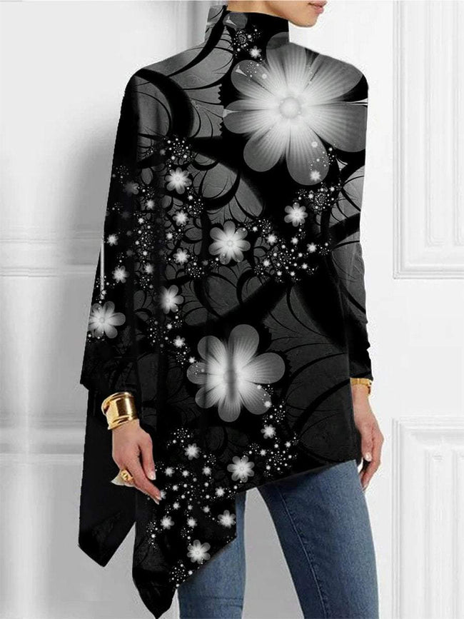 Women's  Flowers Print  Asymmetrical Turtleneck  Tops