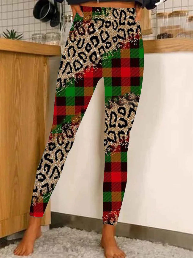 Womens Casual Glitter Leopard Plaid Print Stretch Pants Leggings