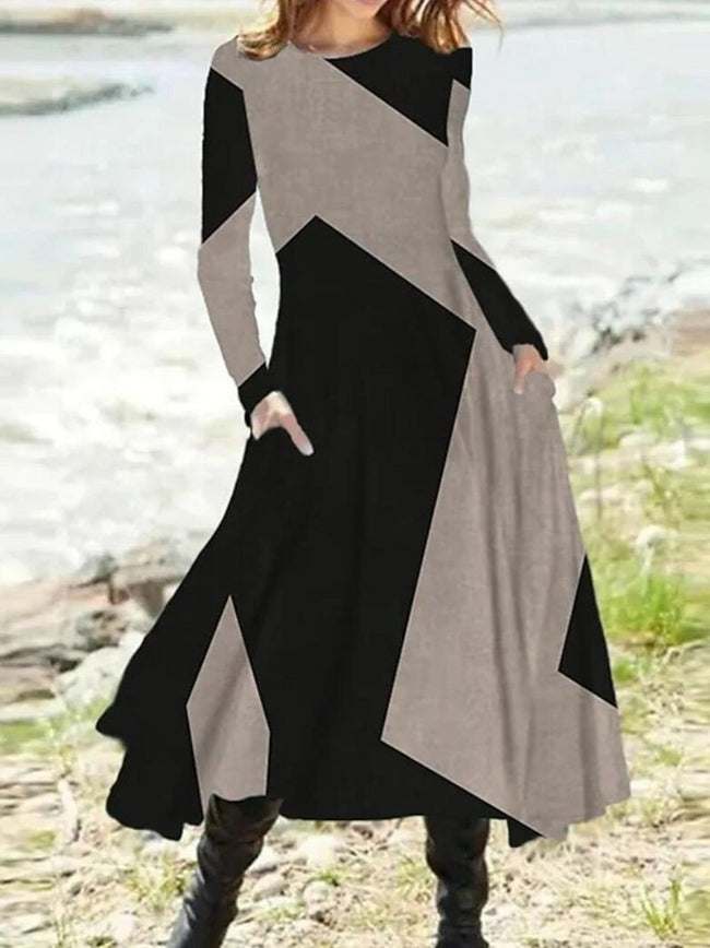 Women's Geometric Pattern Long Sleeve Midi A-Line Dress
