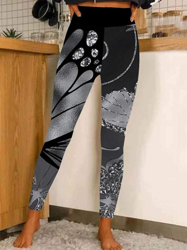 Women's Butterfly Glitter Print Casual Stretch Pants Leggings