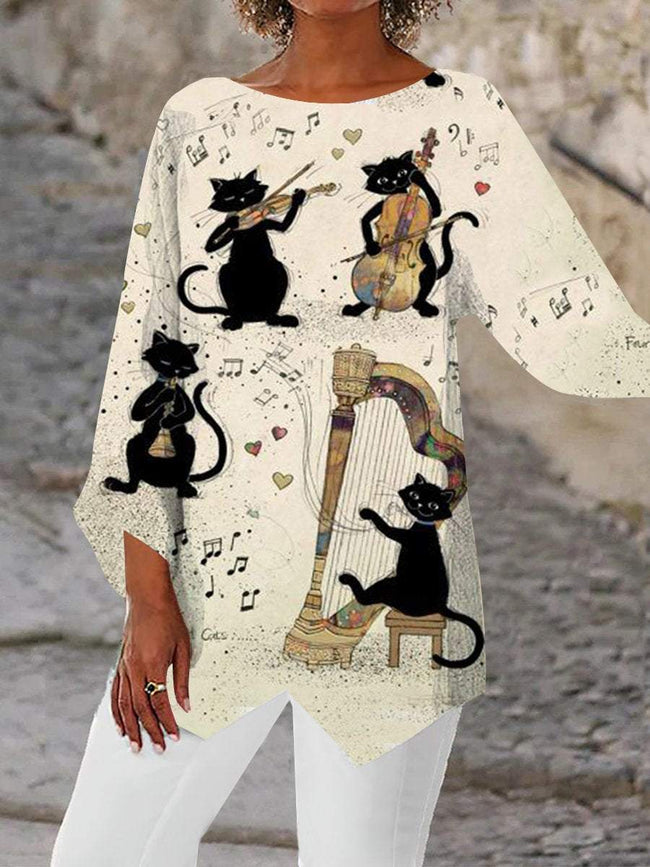 Women's cat music print  Asymmetric Blouses Tops