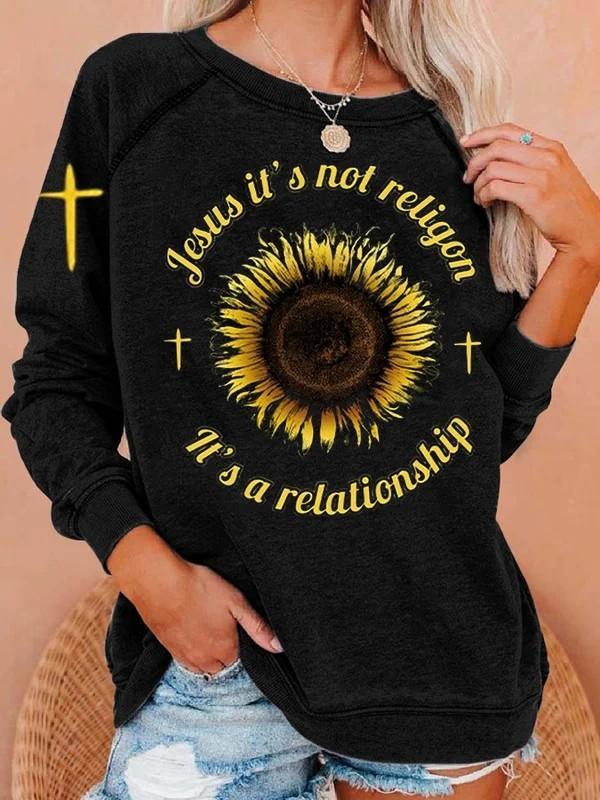 Women's Jesus Sunflower Print Round Neck Long Sleeve Loose Sweatshirt