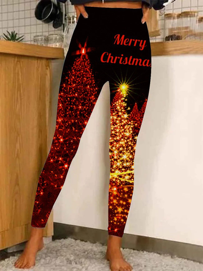 Women's Glitter Christmas Print Casual Stretch Pants Leggings