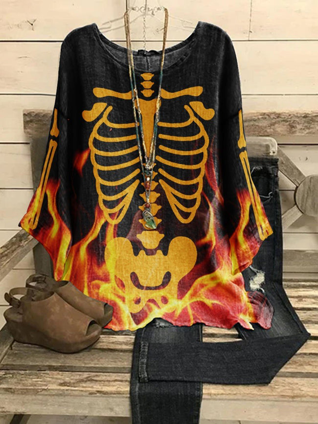 Women's Halloween Flame Skull Skeleton Print Casual Top