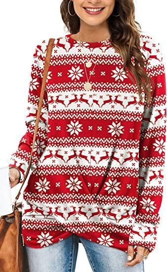 Women's Twist Front  Christmas print  Long Sleeve Crew Neck blouse