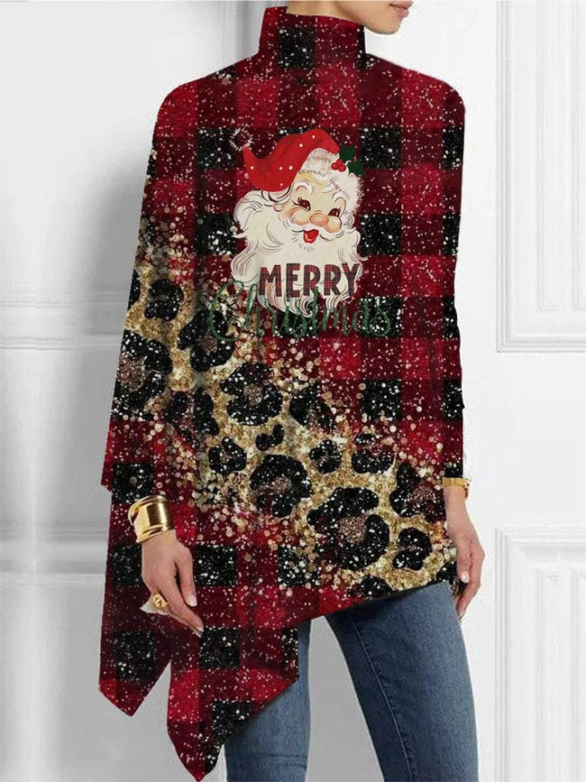 Women's Christmas Print  Asymmetrical Turtleneck Tunic Tops