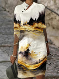 Women's Cotton and Linen Gradient Gold Leaf Landscape Painting Maxi Dress