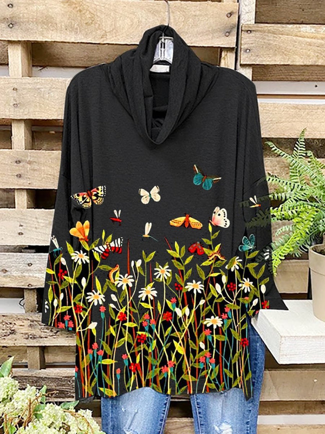 Women's butterfly floral print  loose casual Turtleneck Tops