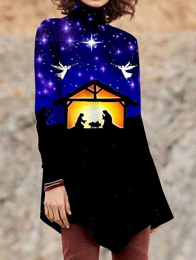 Women's christmas jesus Print  Asymmetrical Turtleneck Tops