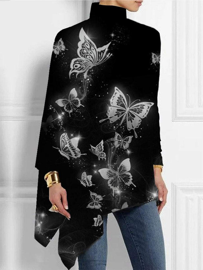Women's Butterfly Print  Asymmetrical Turtleneck Tunic Tops