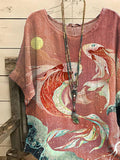 Women's Casual Vintage Carp Print Crew Neck Top