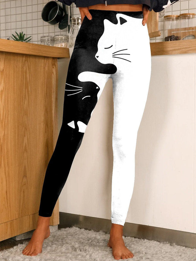 Women's Art Black and White Patchwork Cat Print Stretch Sweatpants