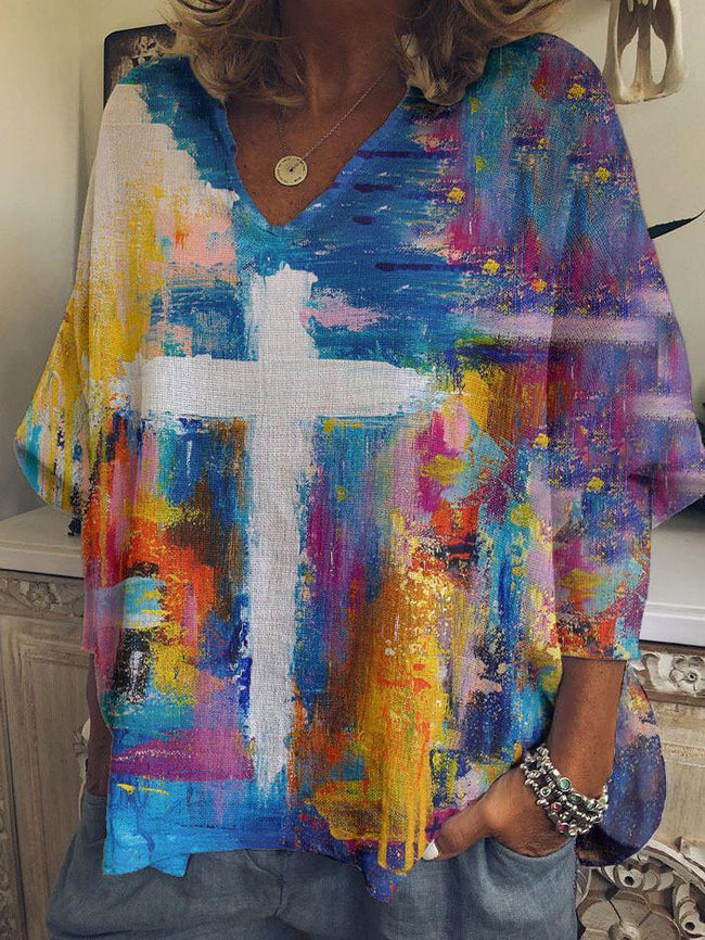 Cross V Neck Print Long Sleeve Top