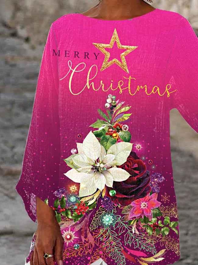 Women's Vintage Christmas Floral Print Casual Top