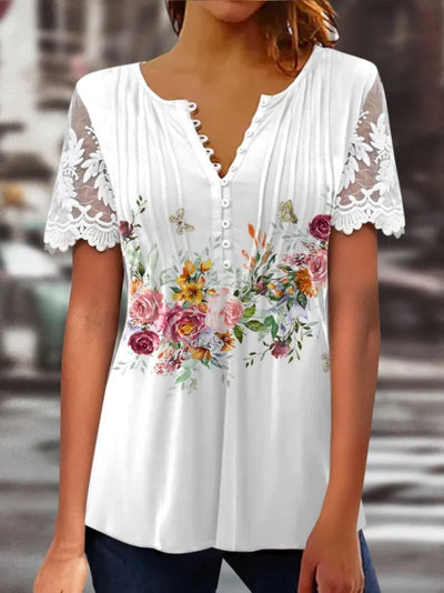 Women's floral print  Lace Panel Short Sleeve Top