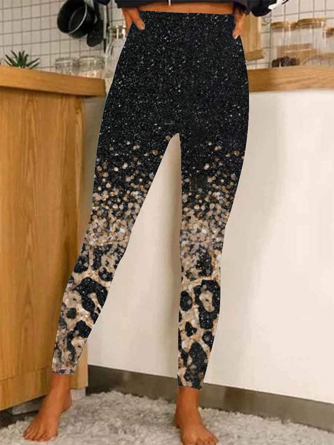 Womens Casual Glitter Leopard Print Stretch Pants Leggings