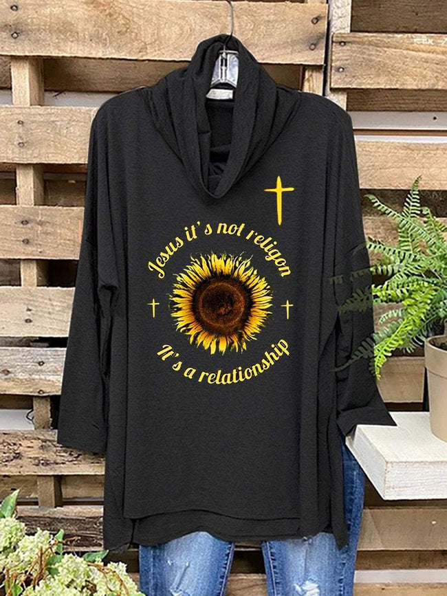 Women's jesus sunflower Print  Turtleneck Tops