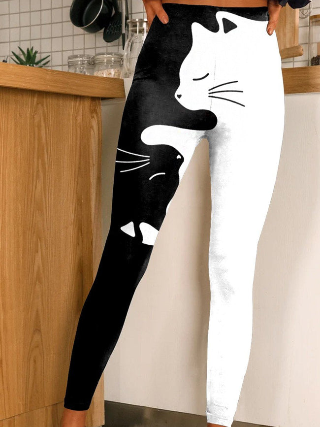 Women's Art Black and White Patchwork Cat Print Stretch Sweatpants