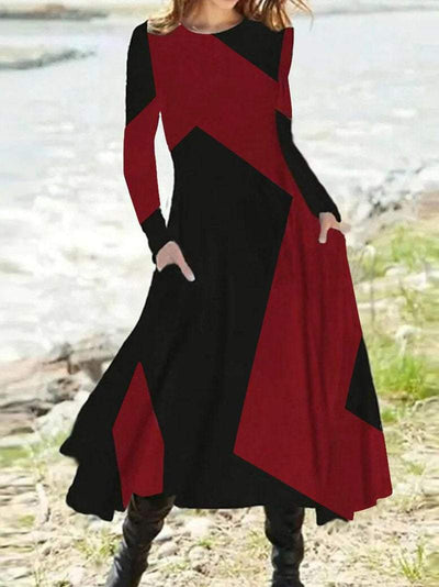 Women's Geometric Pattern Long Sleeve Midi A-Line Dress