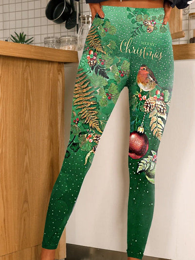 Women's Vintage Christmas Floral Print Casual Stretch Pants