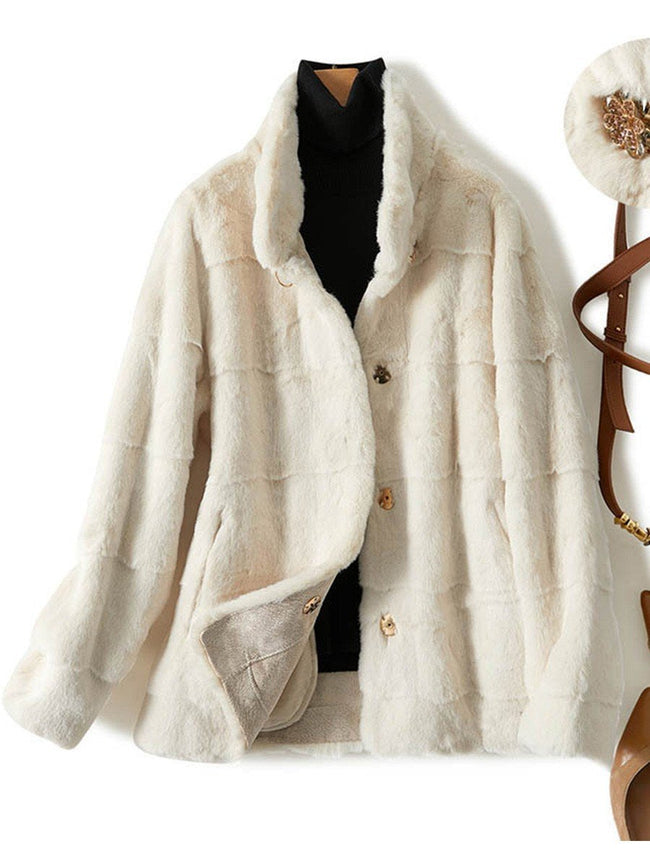 Women's Fashion Stand-up Collar Short Faux Fur All-in-one Coat Thickened Padded Coat
