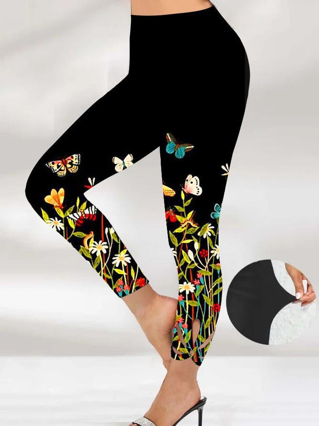 Women's Cutout hem  flowers butterfly print Stretch Leggings