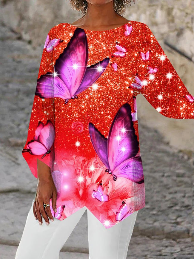 Women's Butterfly Glitter Print  Asymmetric Blouses Tops