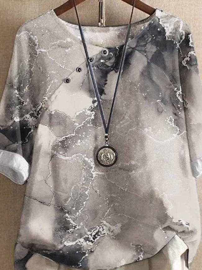Women's Marble Print Crew Neck Casual Short Sleeve Blouse