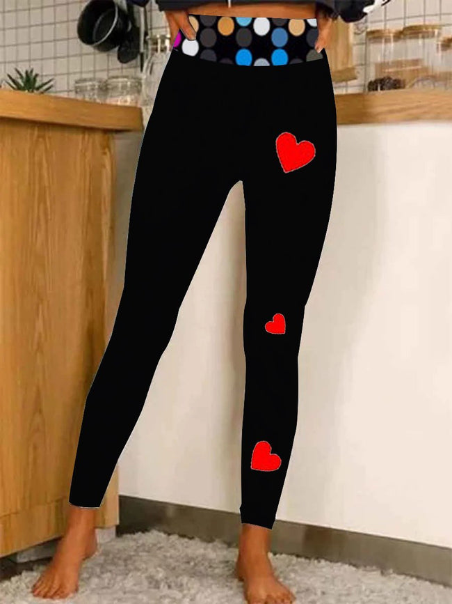 Womens Casual Heart Polka Dot  Print Stretch Pants Leggings