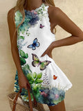 Women's Cotton Butterfly Flower Plant Artistic Midi Dress