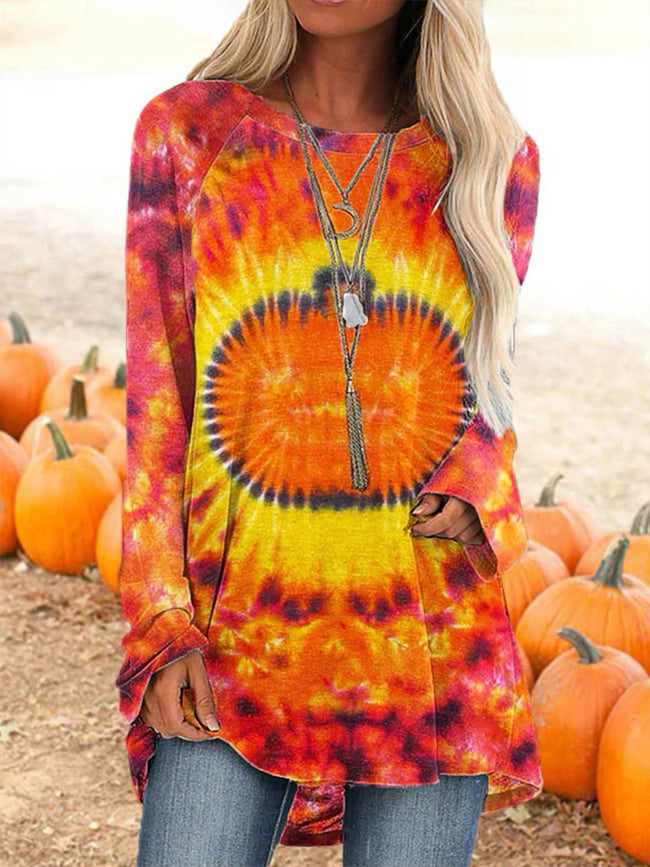 Women's Halloween Pumpkin Tie-Dye Casual Long Sleeve Loosen Shirts & Tops