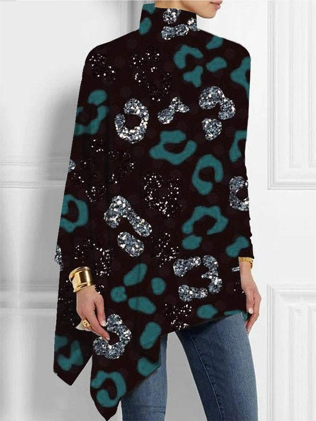 Women's  Glitter Leopard Print  Asymmetrical Turtleneck Tunic Tops