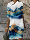 Women's Cotton and Linen Gradient Gold Leaf Landscape Painting Maxi Dress