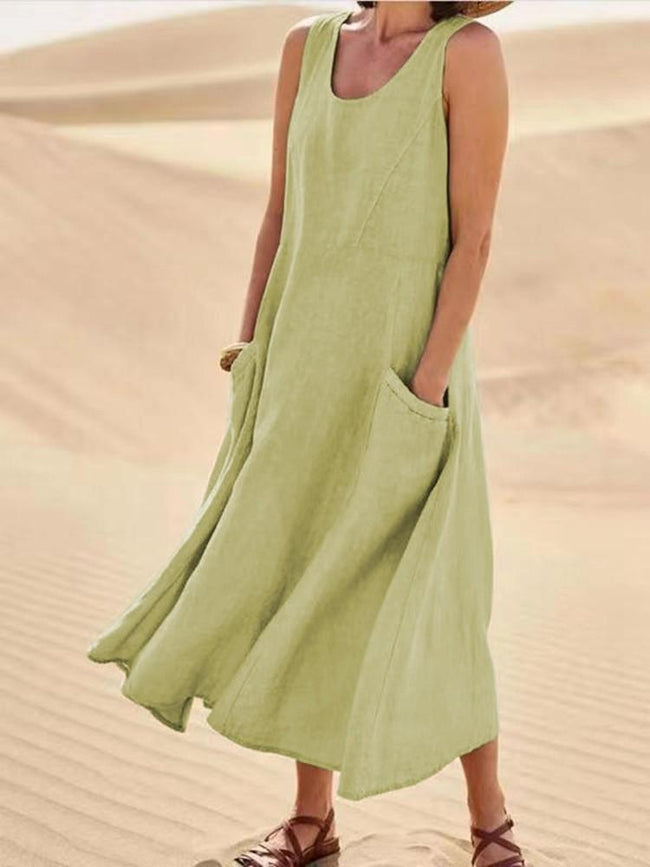 Women's Sleeveless Pocket Cotton Linen Dress