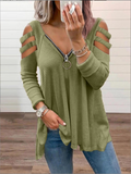 Vintage Solid Eyelet Hotfix V Neck Long Sleeves Plus Size Casual Tops