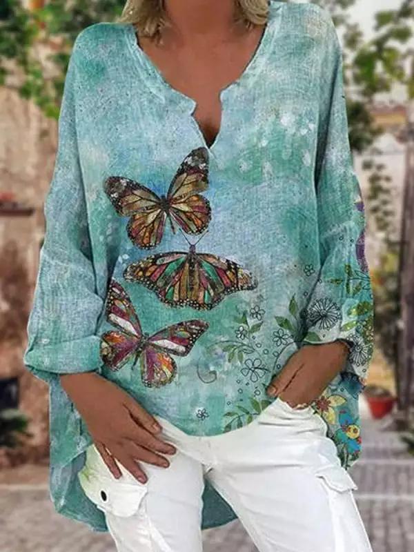 Women's Butterfly Print  Asymmetric Blouses Tops