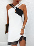 Women's Elegant  Sheath Dress Mini Dress Black White Sleeveless Color Block Lace  Spaghetti Strap
