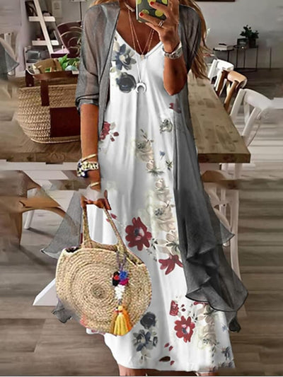 Women's Casual Dress Dress Set Two Piece Dress Long Dress Maxi Dress White Sleeveless Floral Print Spring Summer V Neck Basic Daily Date Vacation Loose Fit 2023 S M L XL XXL